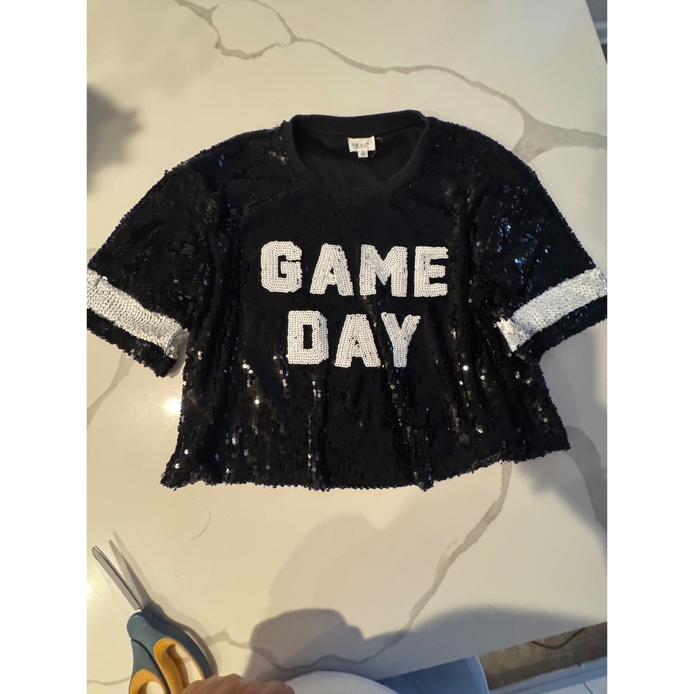 Le Lis Collection Womens Black Sequin Game Day Crop Top Short Sleeve Medium